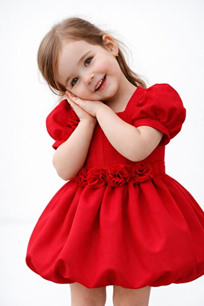 THEQUEST kırmızı balon kollu çiçek detaylı balon etekli elbise günlük-özel gün