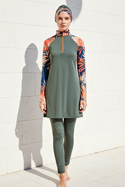 Marina Fully Covered Hijab Swimsuit Khaki Pattern Detailed 4-Piece Lycra Swim...