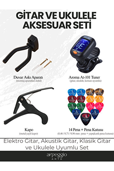 arpeggio ARTE Guitar & Ukulele Accessory Set |   Tuner + Capo + Strap + 14 Pl...