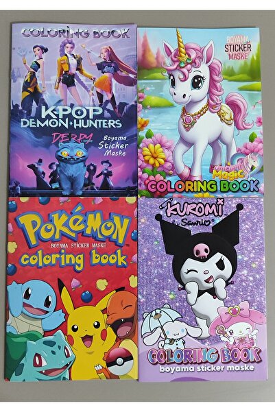 ada çanta kırtasiye 4 adet stickerli boyama kitabı (Kpop/unicorn/pocemon/kuro...