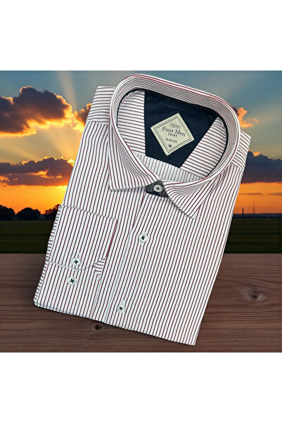 EREN STYLE Linen Slim Fit Cotton Striped Shirt with Hidden Button Collar (Sli...