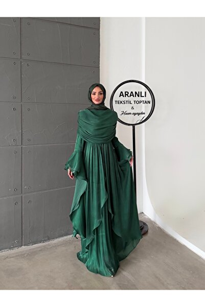 Aranlı tekstil Drape Detailed Sleeves with Ruffles and Cape Hijab Evening Dre...