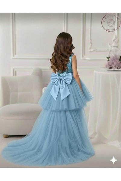 PRİNCESS Girl's Blue Sequined Tulle Tail Graduation Dress, Evening Dress