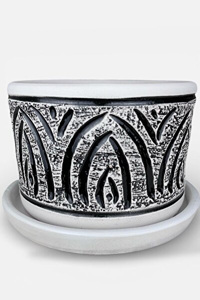 AdenArt Toprak Saksı El Yapımı Dekoratif Siyah Desenli Altlıklı Saksı 20*15 cm