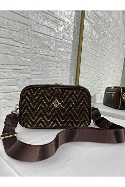 KAREN Yeni Model Taşlı Çanta Gold Aksesuar Acı Kahve