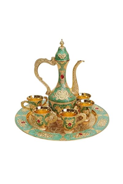 Premium طقم قهوة فاخر باللون الأخضر والذهبي العربي (دلة) مع صينية وأكواب