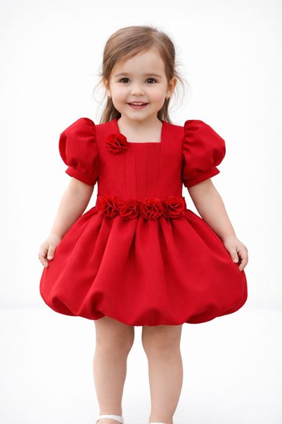 THEQUEST Red Balloon Sleeve Floral Detailed Balloon Skirt Dress Daily-Special Occasion