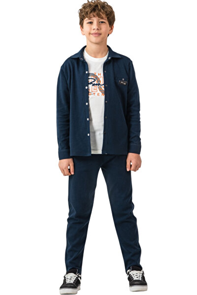 İrem Çocuk Giyim Erkek Çocuk Modern Yazı Çıtçıt Kapama Gömlek Beli Lastikli P...