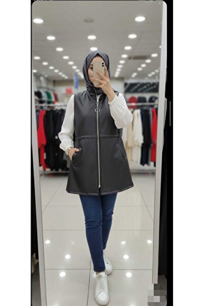 BYBIYIK KADIN DERİ FERMUARLI UZUN TESETTÜR YELEK