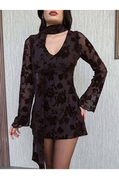 QETEENN Rochie mini de seară cu mâneci lungi și imprimeu pentru femei – Detal...