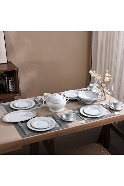 Malooki Silver Leaf Porcelain Dinner Set for 12 People, 64 Pieces, Floral Des...