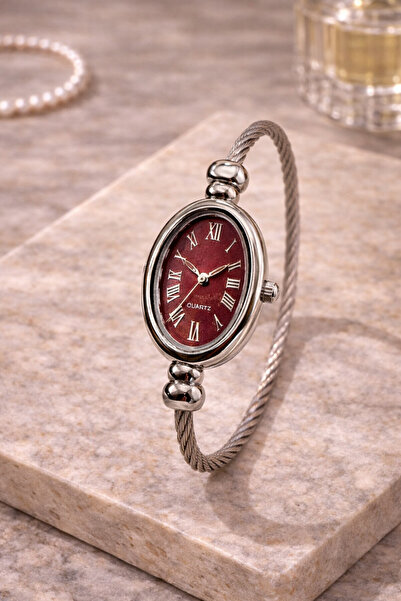 matheon ساعة يد نسائية بعلبة بيضاوية ومينا أحمر اللون |   حبل فضي اللون |   س...