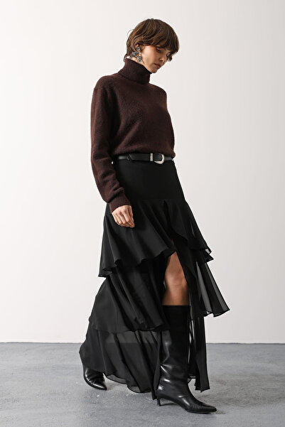Sorridi Belted Ruffled Front Slit Chiffon Skirt
