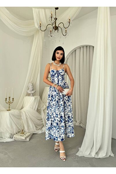 YURELİ Askılı Korsaj Çiçek Desenli Uzun Elbise