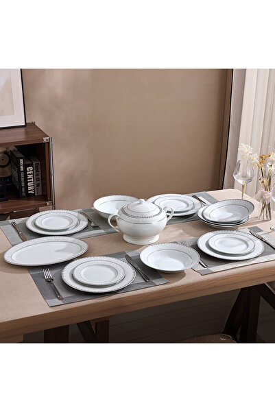 Malooki Silver Lace Heritage Porcelain Dinner Set for 12 People, 40 Pieces, C...