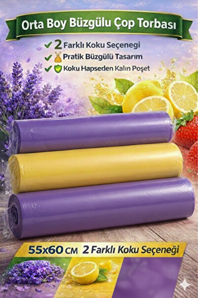 GNRPACK BÜZGÜLÜ ÇÖP POŞETİ TORBASI 55X60 3 rulo 30 adet (2) Lavanta - Limon k...