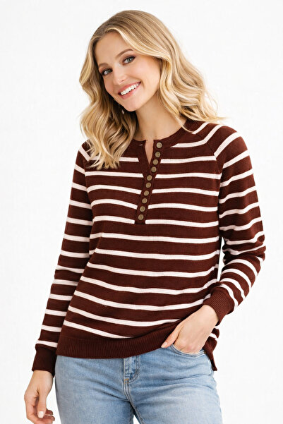 FİFTY ONE Women's Buttoned Collar Turtleneck Striped Knitwear Sweater