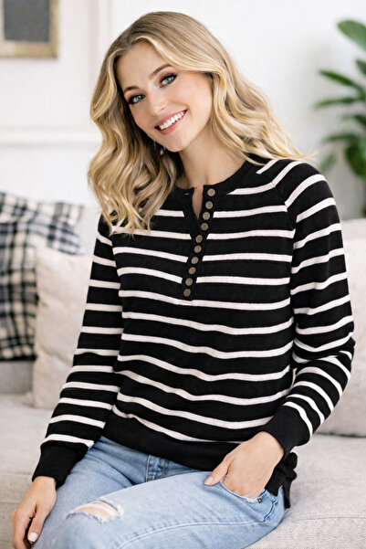 FİFTY ONE Women's Buttoned Collar Turtleneck Striped Knitwear Sweater