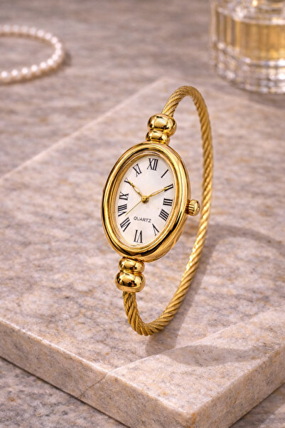 matheon Oval Case Gold Color Women's Wristwatch with Roman Numerals and Styli...