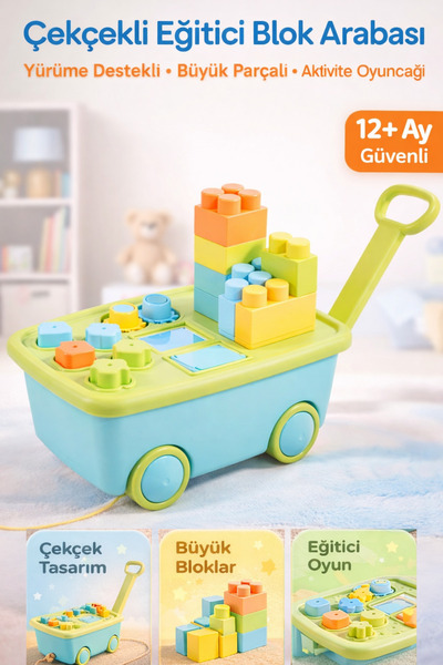 YILDIRIM OYUNCAK Educational Block Cart with Rickshaw 40cm |   Mirrored, Shap...