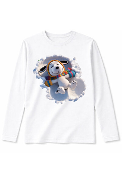 Efendioğlu Design Long Sleeve White Snow Lying Cute Dog Printed Cotton Childr...