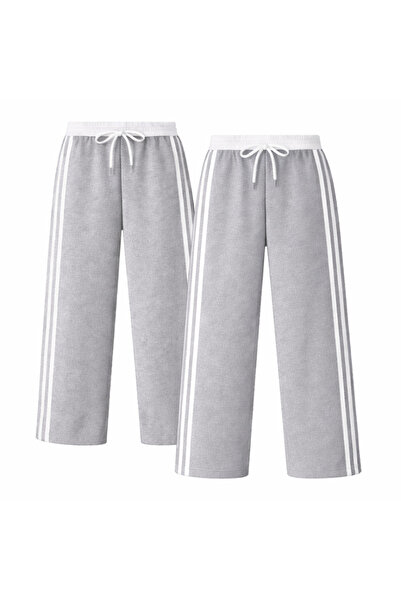 pandy 2-Piece Double Stripe White Belted High Waist Wide Leg Sweatpants