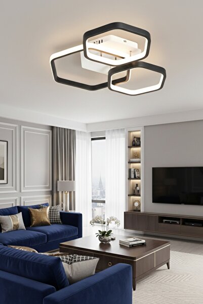 Ece Aydınlatma Enzo Siyah Kasa 3 Renk Işıklı Plafonyer Modern LED Avize ( Kum...