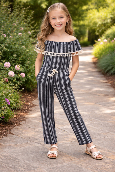 MODA NUR Kız Çocuk Gri Salaş Tulum Püsküllü