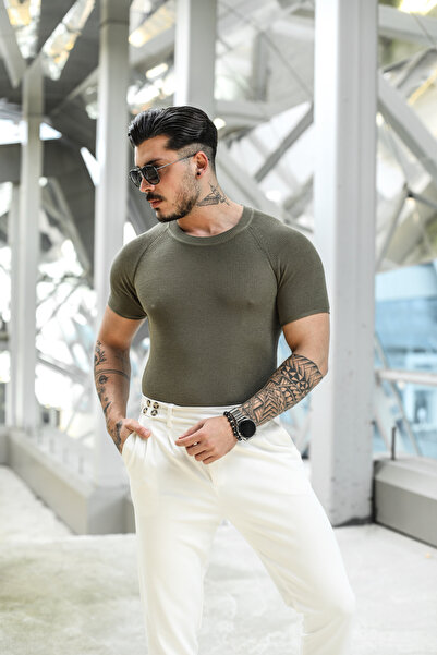 OUTFİT MAN Πλεκτό μπλουζάκι με λεπτομέρεια στον ώμο, Χακί