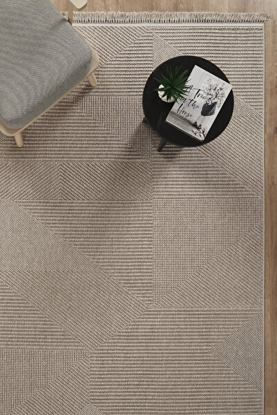 Modda Art Home Bukle Dokulu Geometrik Denge – İskandinav Dekoratif Halı Bej