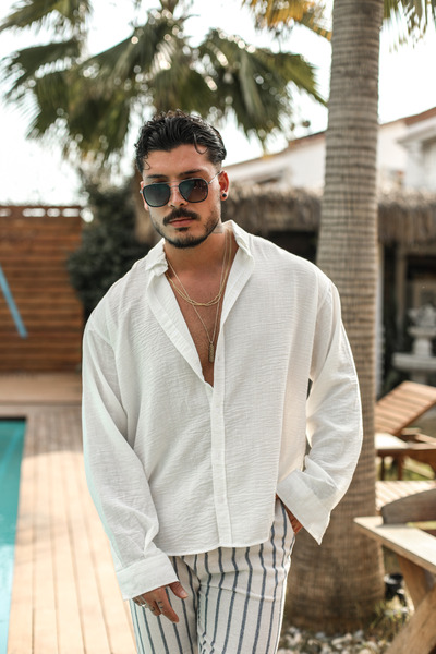 OUTFİT MAN Yaka Düğmeli Basic Regular Fit Gömlek Beyaz