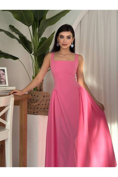 YURELİ Askılı Kare Yaka Piliseli Uzun Elbise