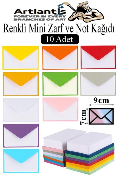 Artlantis Renkli Mini Zarf 7x9 cm Not Kağıtlı 10 Adet Küçük Renkli Zarf Mektu...