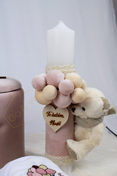 GoVo Kids Baptism Candle with Velvet, Teddy Bear, 35x7 cm, Godfather Gift