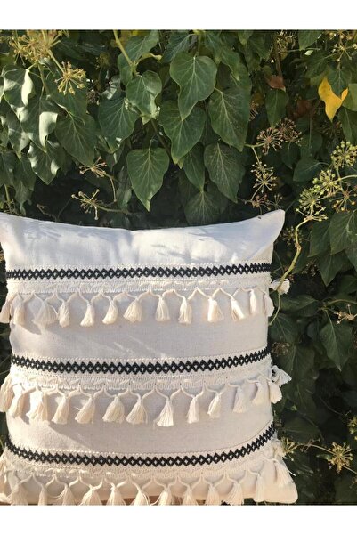 Onerose Home غطاء وسادة كريمي من الكتان بتصميم خاص مخطط باللون الأسود