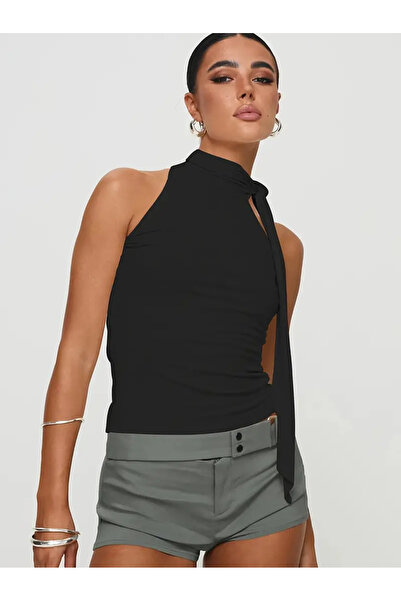 Marin Star Black Halter Neck Belt Detailed Open Back Women's Blouse, Black Ha...