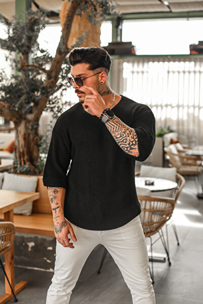 OUTFİT MAN Açık Yaka Oversize Triko Tshirt Siyah