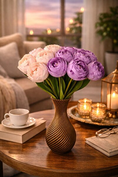 CrossWell Home 16 lı Lüks Yapay Şakayık Buketi - Mor ve Pudra Tonları Dekorat...