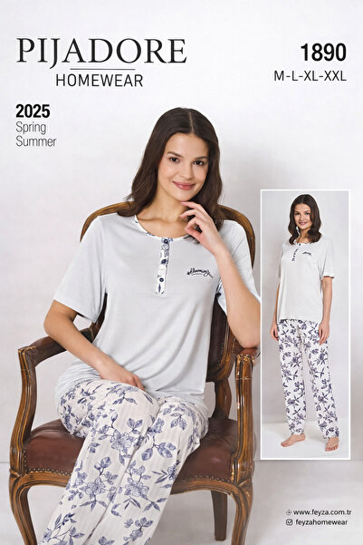 Pijadore Kadın Kısa Kollu Bisiklet Yaka Yarım Düğmeli Çiçek Desenli Pijama Ta...