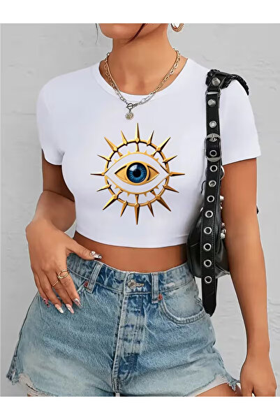 Nilvor Tricou crop din bumbac pieptănat, cu imprimeu Golden Eye, pentru femei