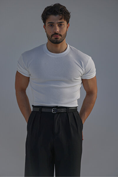 OUTFİT MAN Ribbed Kolu Lastikli Fitilli Tshirt Beyaz