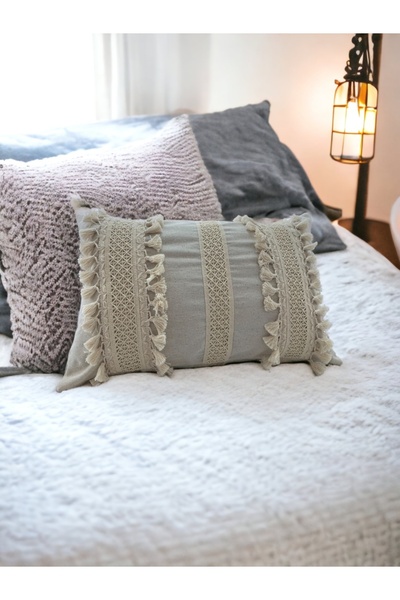 Onerose Home غطاء وسادة من الكتان الخام بثلاثة دانتيل Pompom
