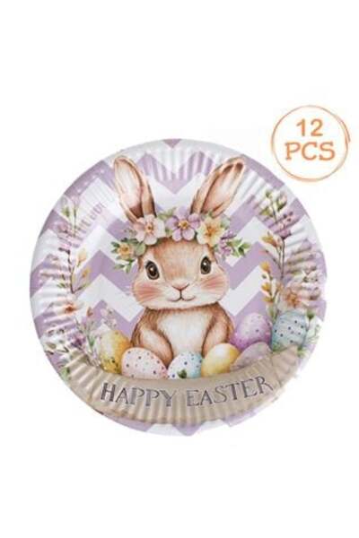 Tessari Easter Party Plates White Purple with Bunny Egg Pattern Ø23 cm - 12 pcs