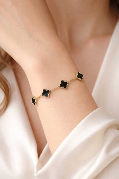 sheenez Stainless steel Yonca Şans Gold-Siyah Zincir Bileklik (yonca ebat 0.8cm)