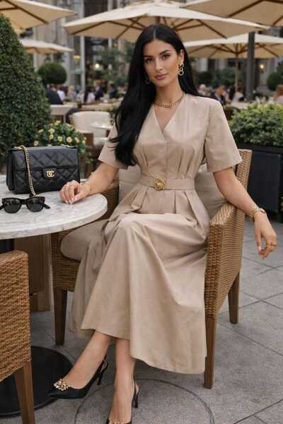 ANBLYs COLLECTION فستان قصير من قماش بابير تاتش بقصة A وياقة على شكل V وأكمام...