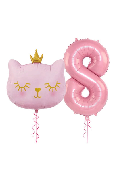 Bunloon 8 Yaş Retro Pembe Rakam Kedi Kafa Folyo Balon Set Parti Süsleme