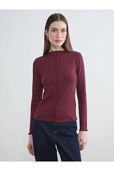 LC Waikiki Lcw Modest Burgundy Ruffled Mock Neck Women's Bodysuit