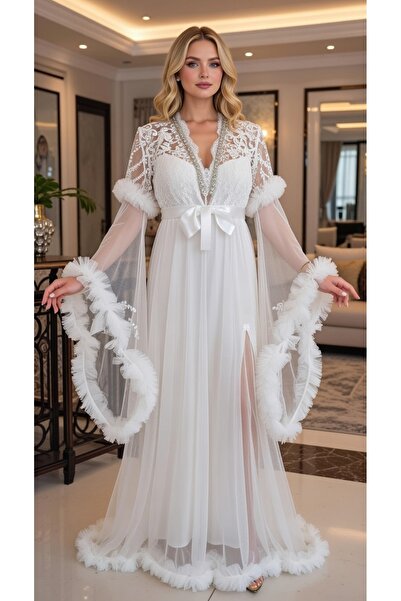 bigmama Luxury Satin Lingerie: Long Bridal Robe Set with French Lace and Feat...