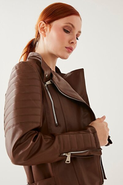 buqre's moda Women's Brown Sleeve Detailed Biker Leather Jacket