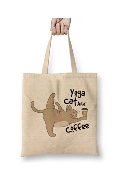 Toyaso Cat Yoga Coffe Cat Coffee White Tote Bag Long Handle Shopping Bag Beac...